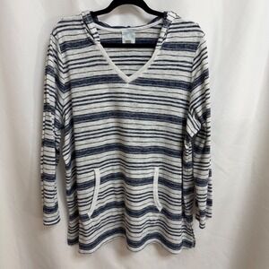 Sunday Navy Striped Hoodie Tunic Top Womens 2X V Neck Kangaroo Pocket‎ Pullover